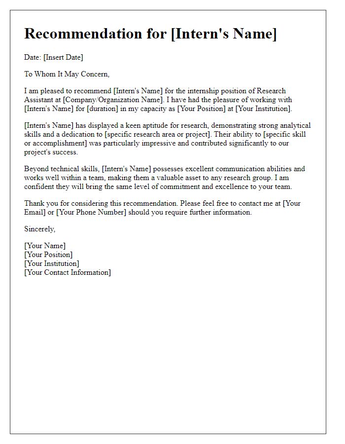 Letter template of internship position recommendation for a research assistant.