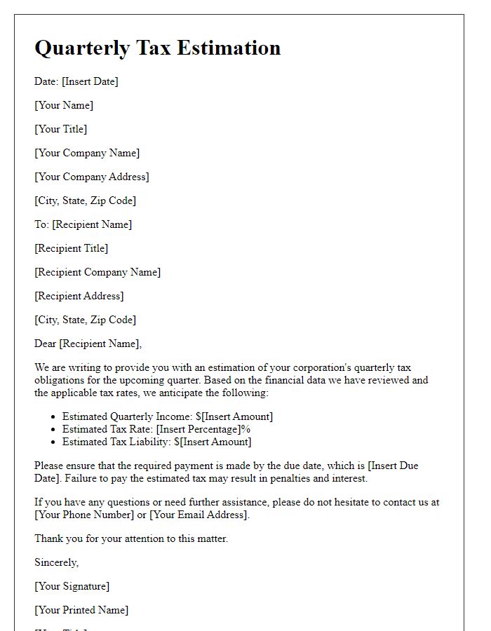 Letter template of quarterly tax estimation for corporations