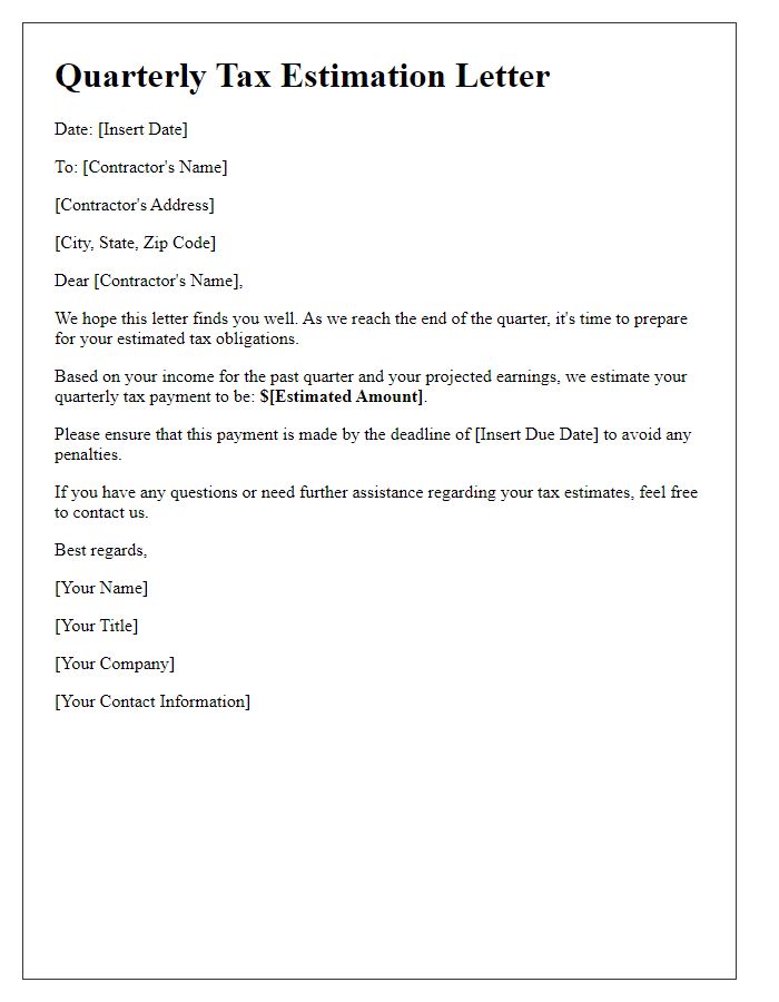 Letter template of quarterly tax estimation for independent contractors