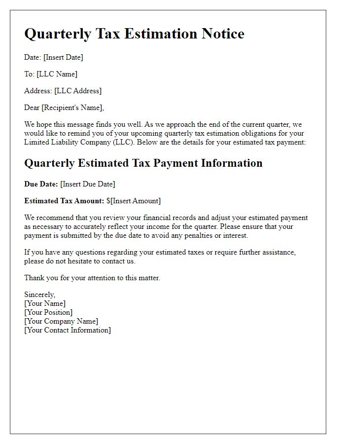 Letter template of quarterly tax estimation for LLCs