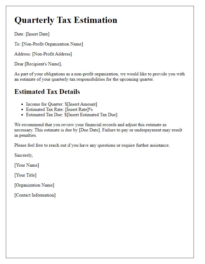 Letter template of quarterly tax estimation for non-profits