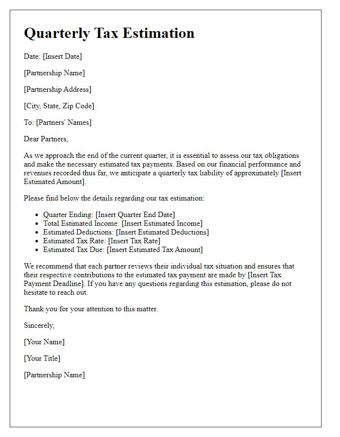 Letter template of quarterly tax estimation for partnerships