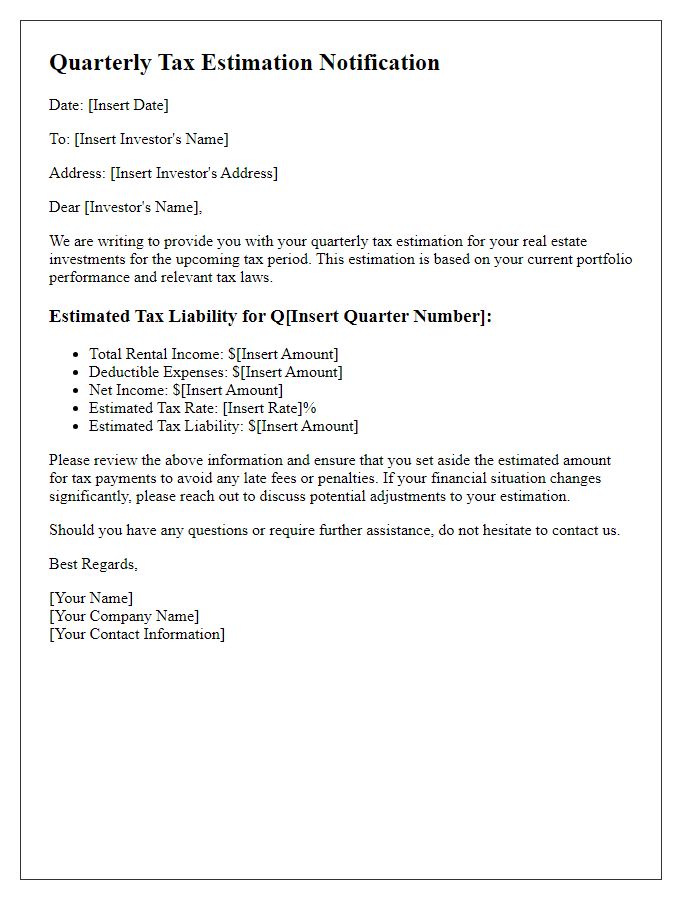 Letter template of quarterly tax estimation for real estate investors