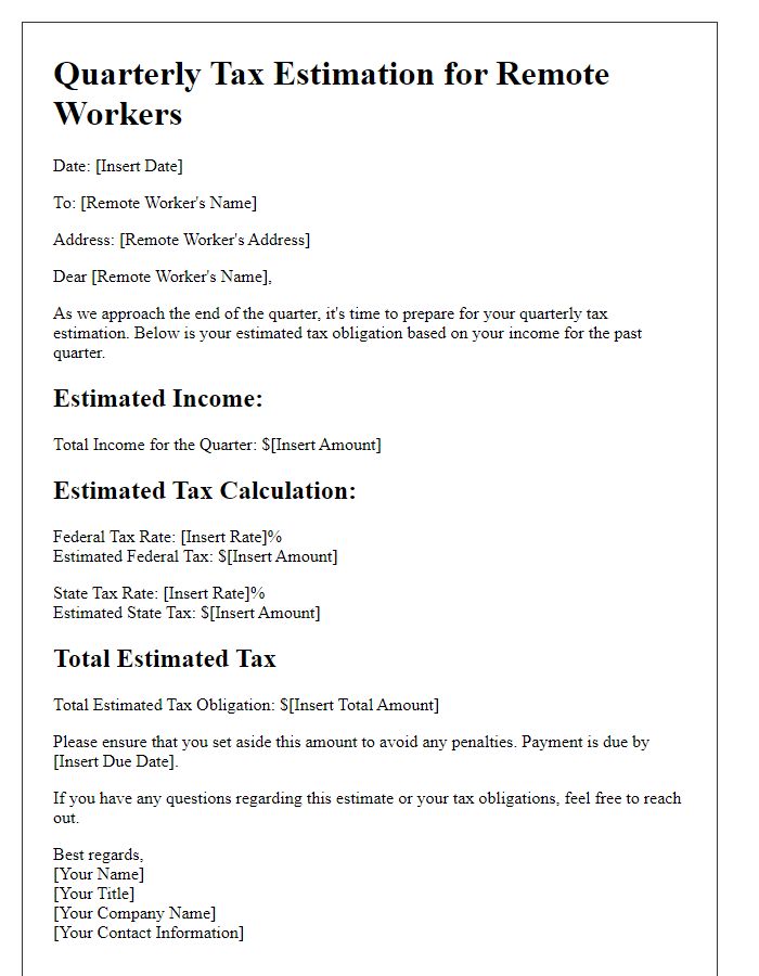 Letter template of quarterly tax estimation for remote workers