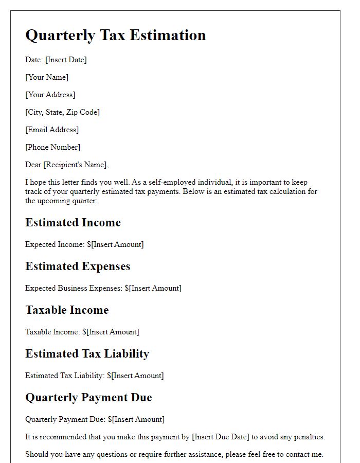 Letter template of quarterly tax estimation for self-employed individuals