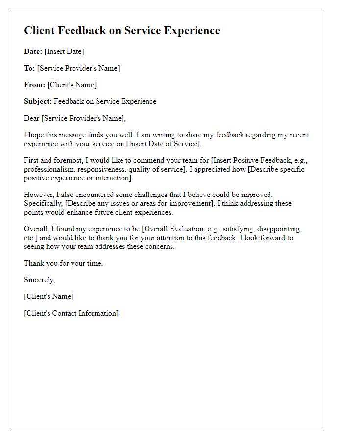 Letter template of client feedback on service experience