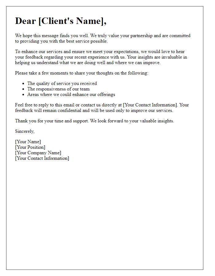 Letter template of feedback solicitation for client service improvement