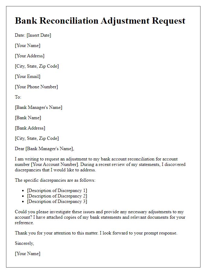 Letter template of bank reconciliation adjustment request