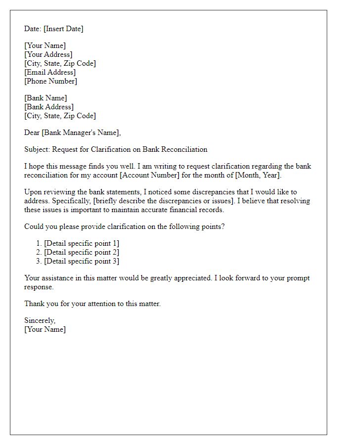 Letter template of bank reconciliation clarification request