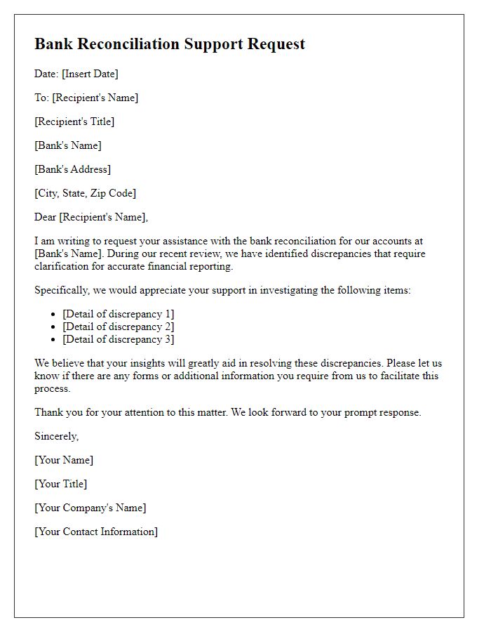 Letter template of bank reconciliation support request