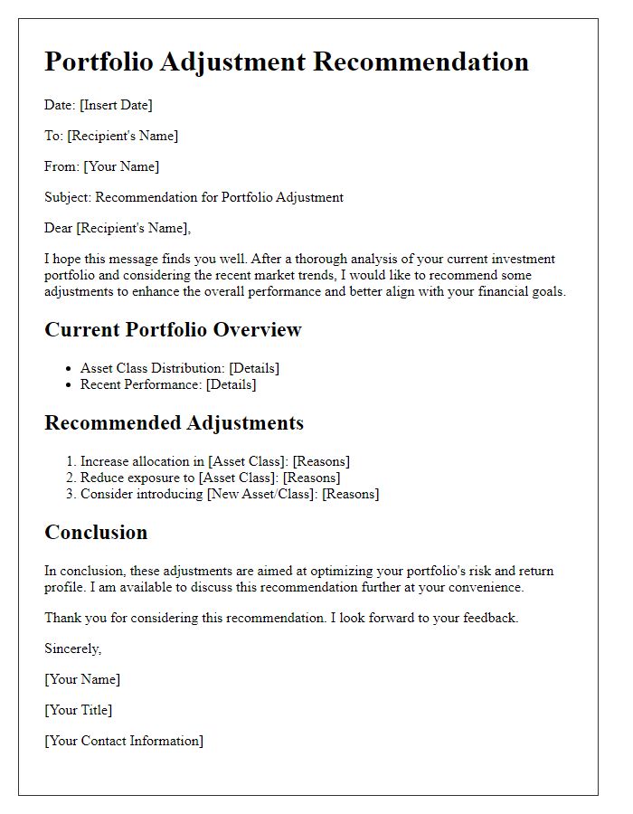 Letter template of portfolio adjustment recommendation