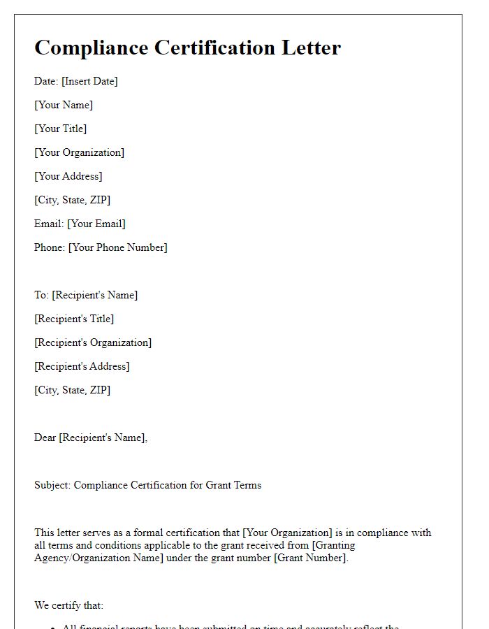 Letter template of compliance certification for grant terms