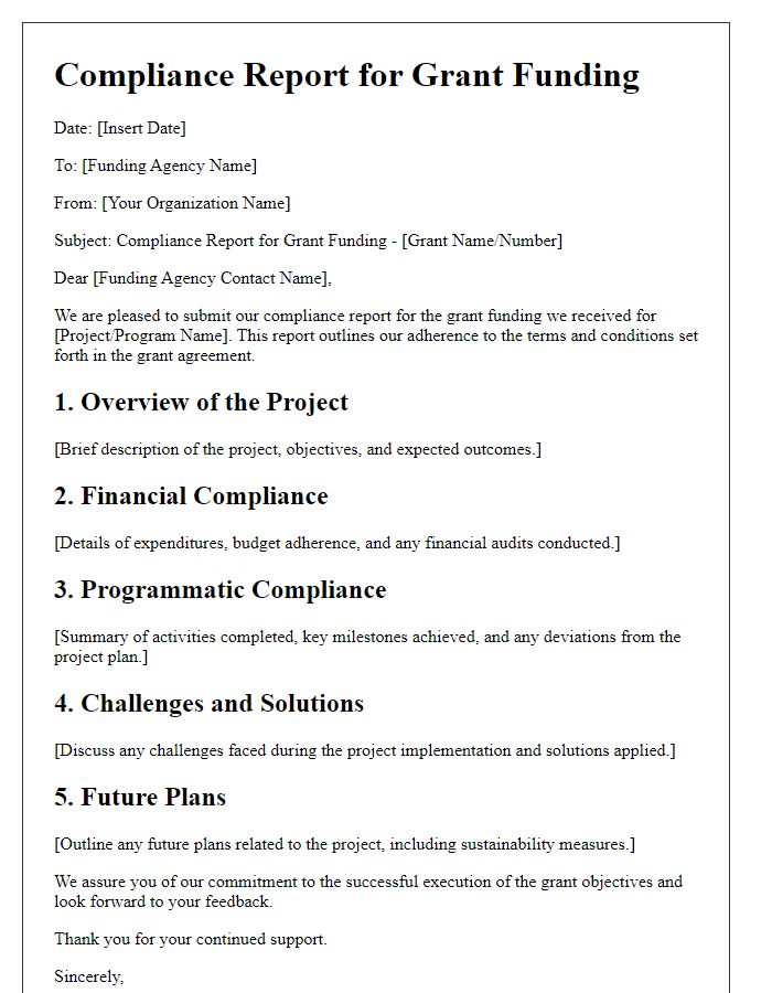 Letter template of compliance report for grant funding