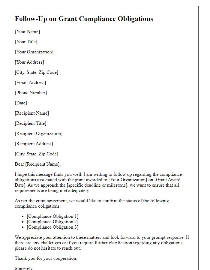 Letter template of follow-up on grant compliance obligations