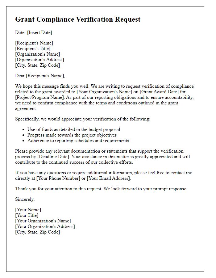 Letter template of grant compliance verification request