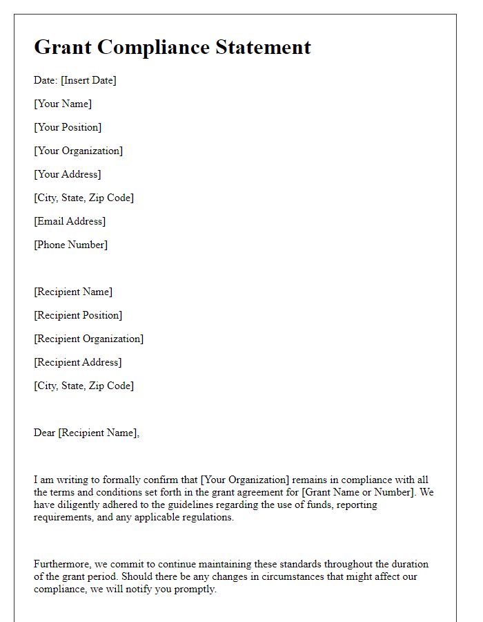 Letter template of official grant compliance statement