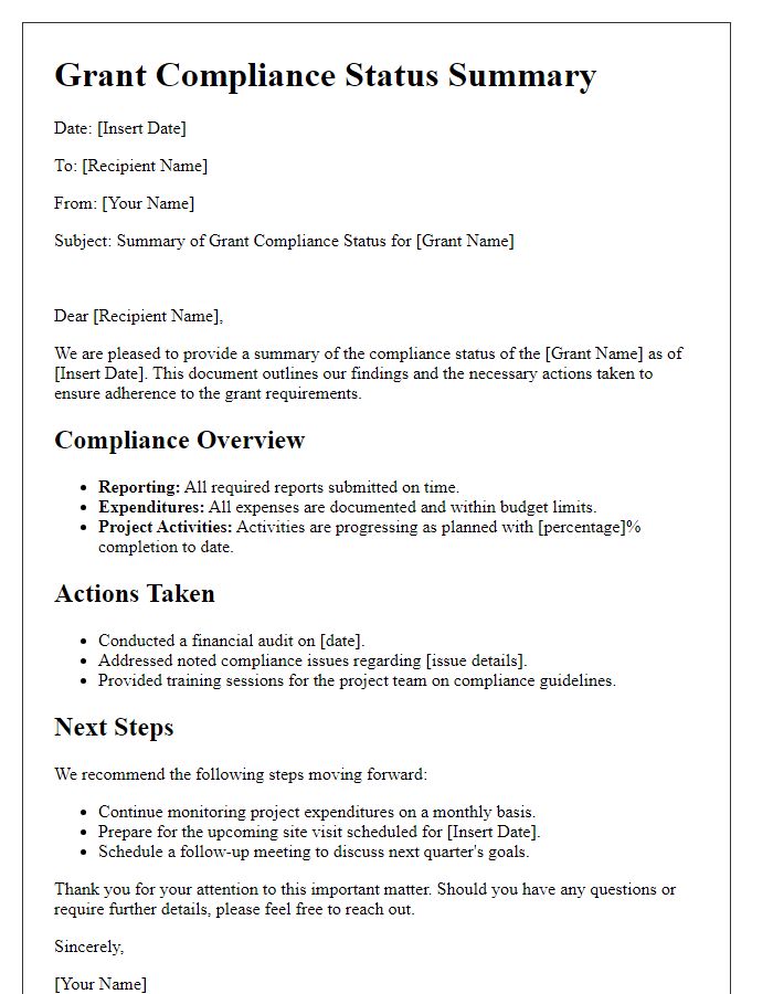 Letter template of summary of grant compliance status