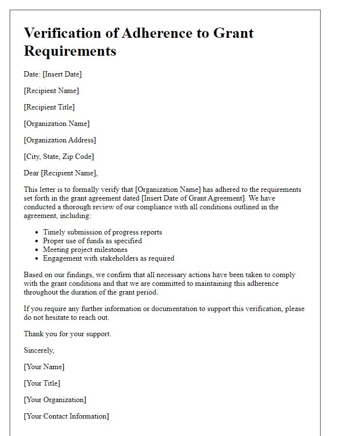 Letter template of verification for adherence to grant requirements