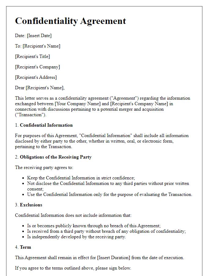 Letter template of merger and acquisition advisory confidentiality