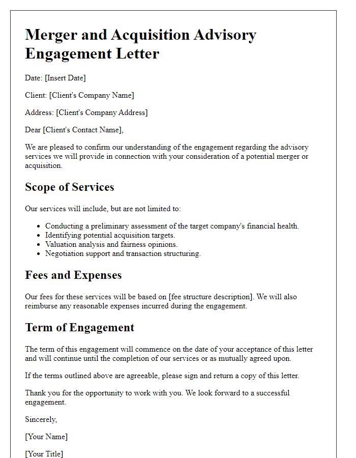 Letter template of merger and acquisition advisory engagement