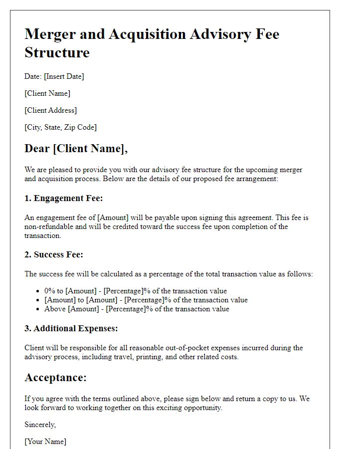 Letter template of merger and acquisition advisory fee structure