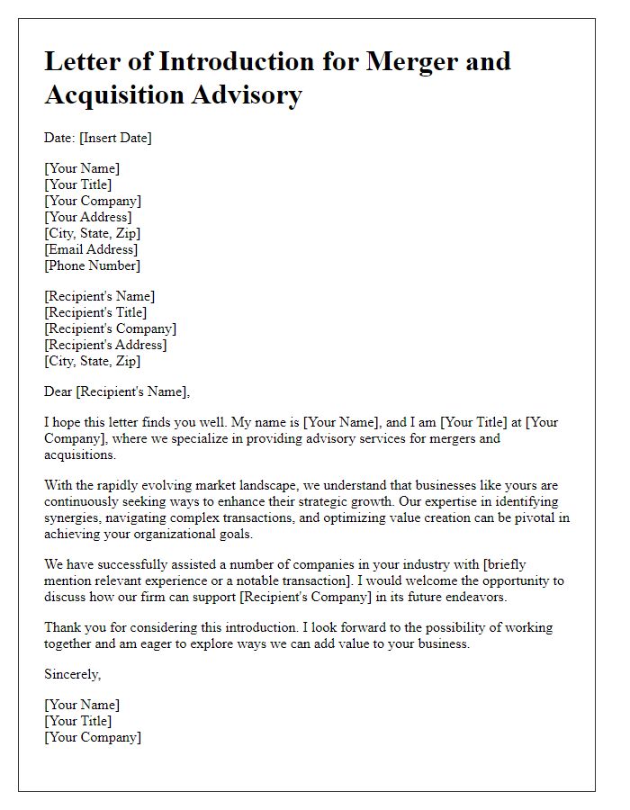 Letter template of merger and acquisition advisory introduction