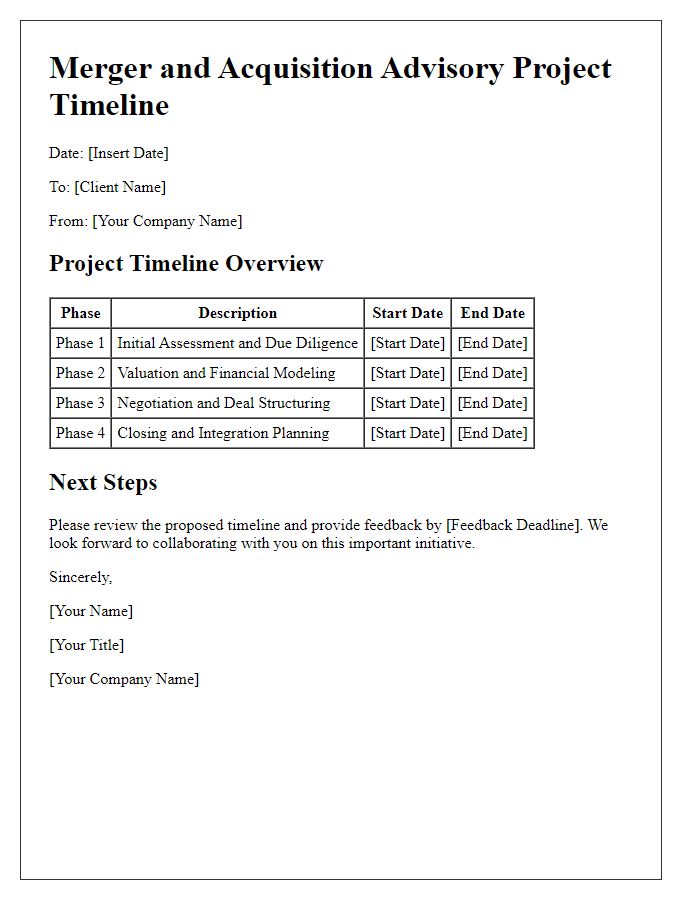 Letter template of merger and acquisition advisory project timeline