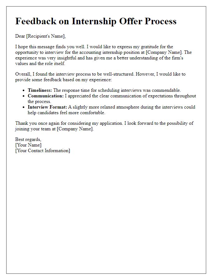 Letter template of feedback on accounting internship offer process