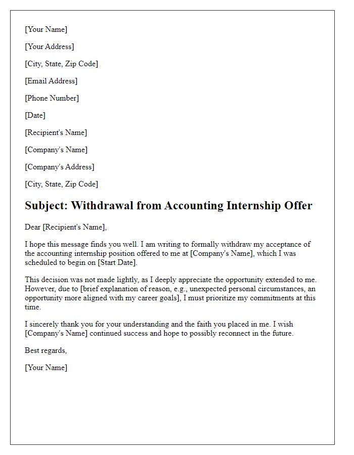 Letter template of withdrawal from accounting internship offer