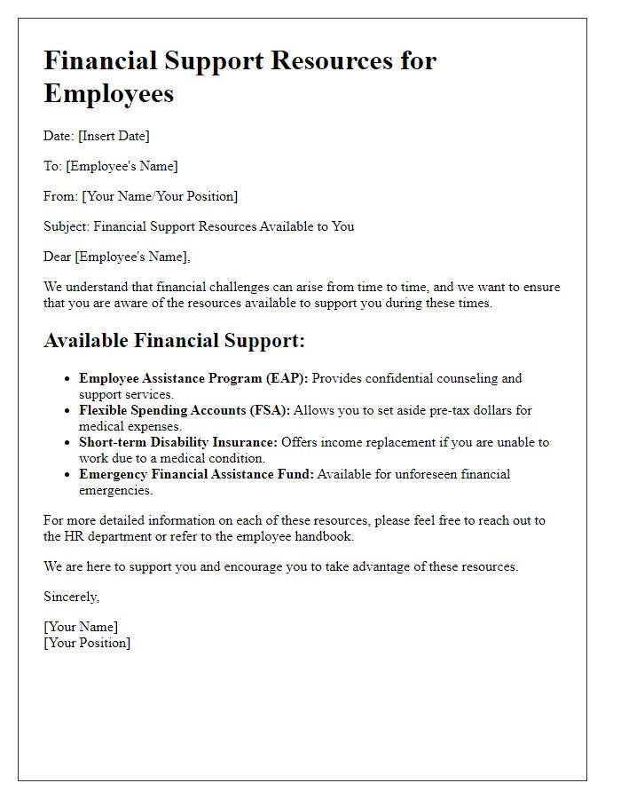 Letter template of financial support resources for employees