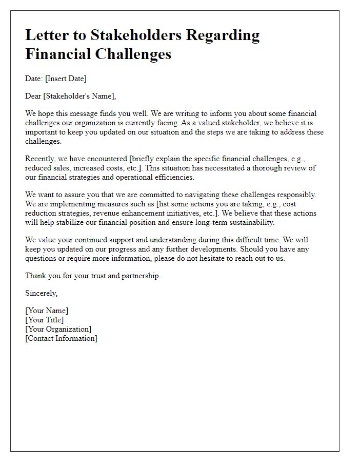 Letter template of stakeholder communication regarding financial challenges