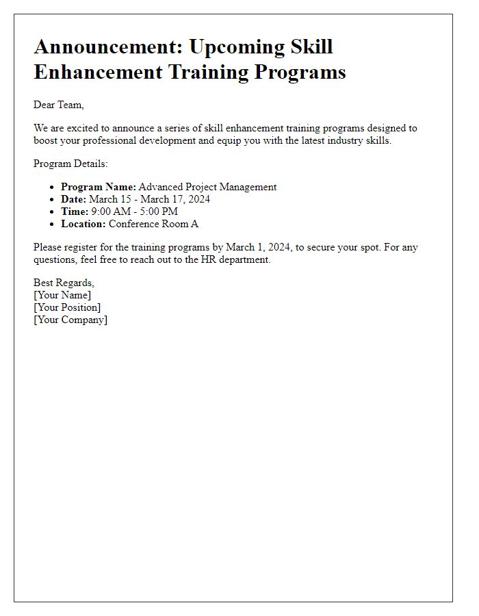 Letter template of announcement for skill enhancement training programs