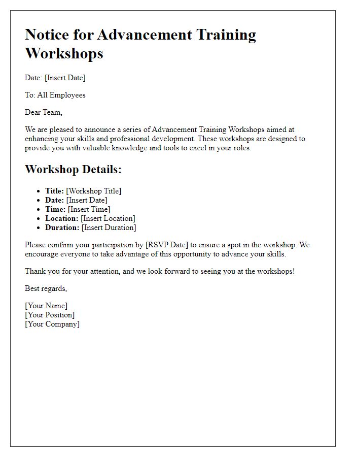 Letter template of notice for advancement training workshops