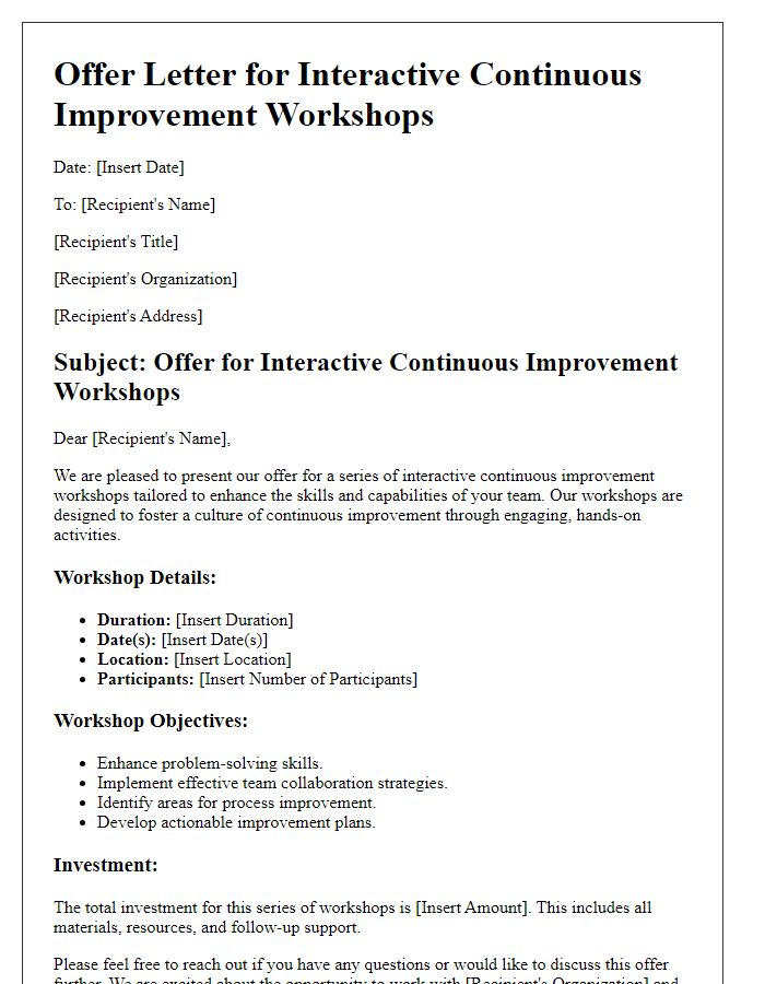 Letter template of offer for interactive continuous improvement workshops