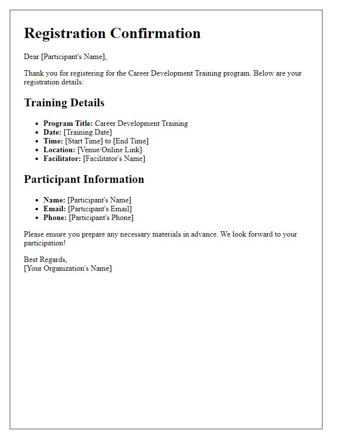 Letter template of registration details for career development training