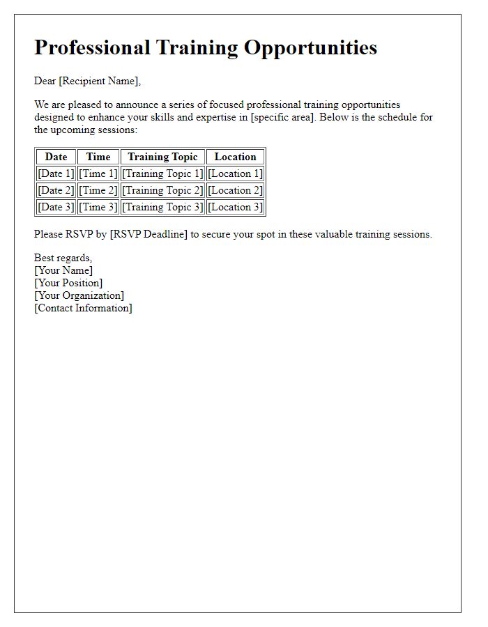 Letter template of schedule for focused professional training opportunities