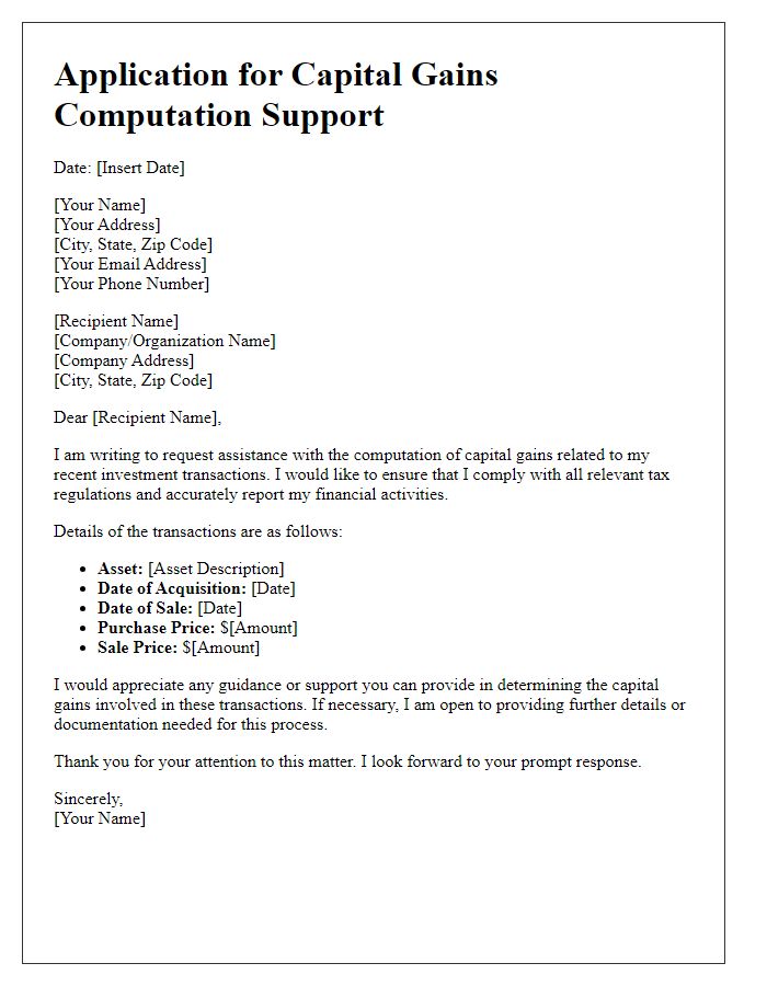 Letter template of application for capital gains computation support