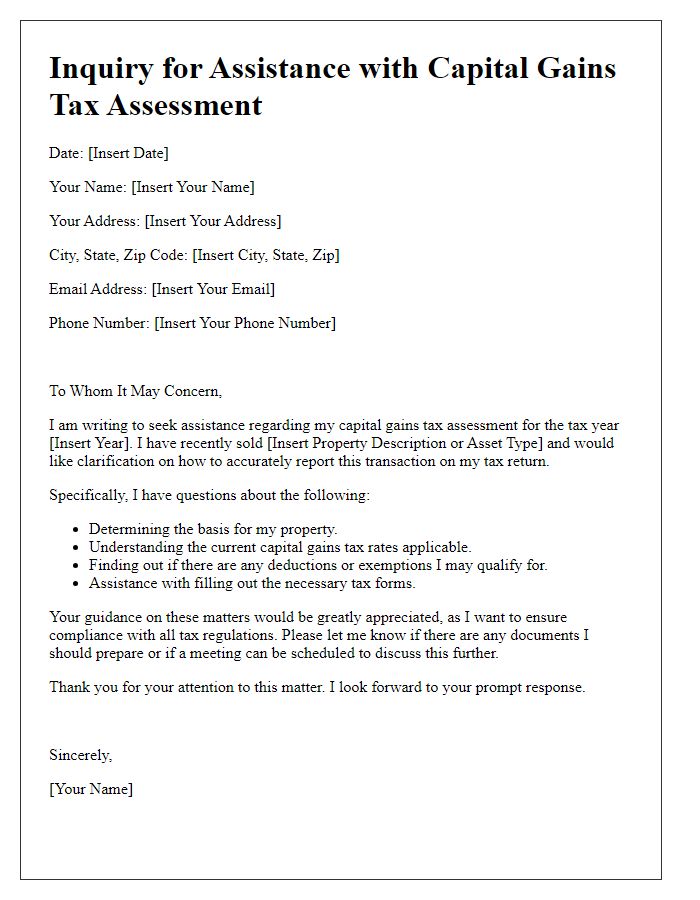 Letter template of inquiry for help with capital gains tax assessment