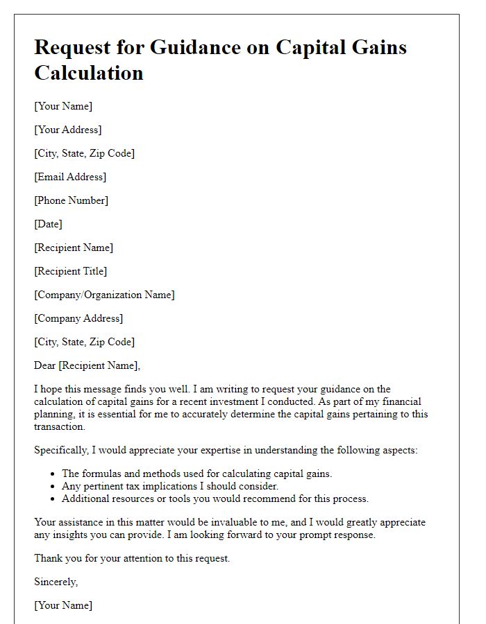 Letter template of request for capital gains calculation guidance