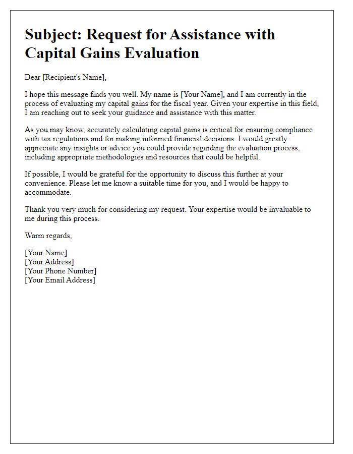 Letter template of solicitation for help with accurate capital gains evaluation