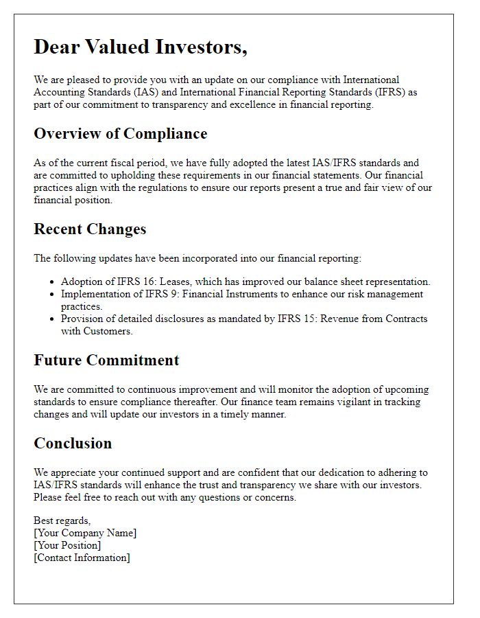 Letter template of IAS/IFRS compliance update for investors