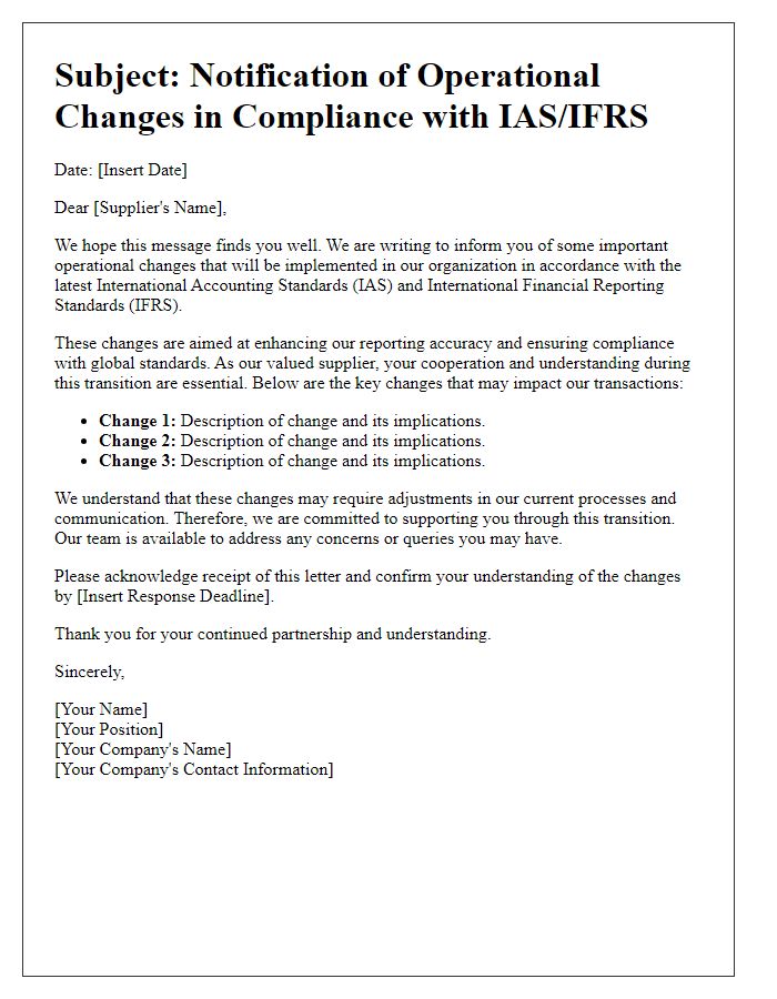 Letter template of IAS/IFRS operational changes for suppliers