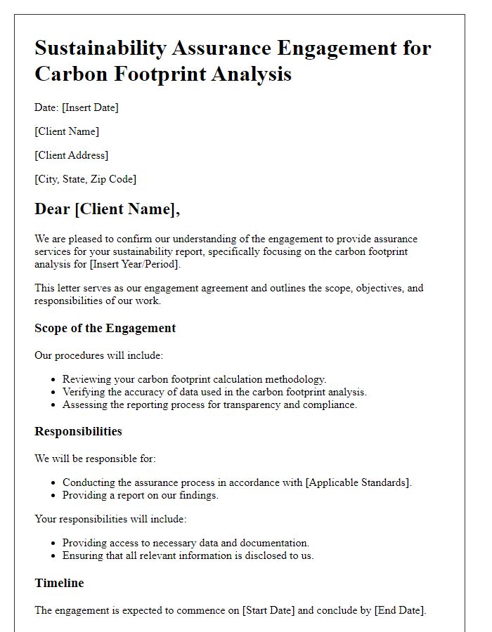 Letter template of sustainability assurance engagement for carbon footprint analysis