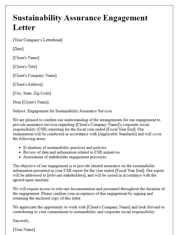 Letter template of sustainability assurance engagement for corporate social responsibility reporting