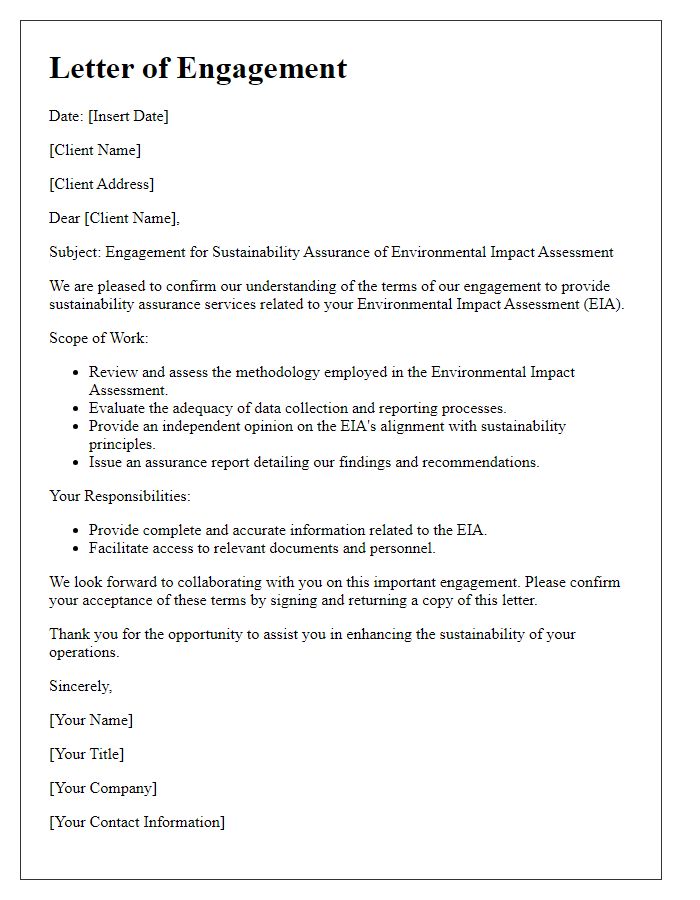 Letter template of sustainability assurance engagement for environmental impact assessment