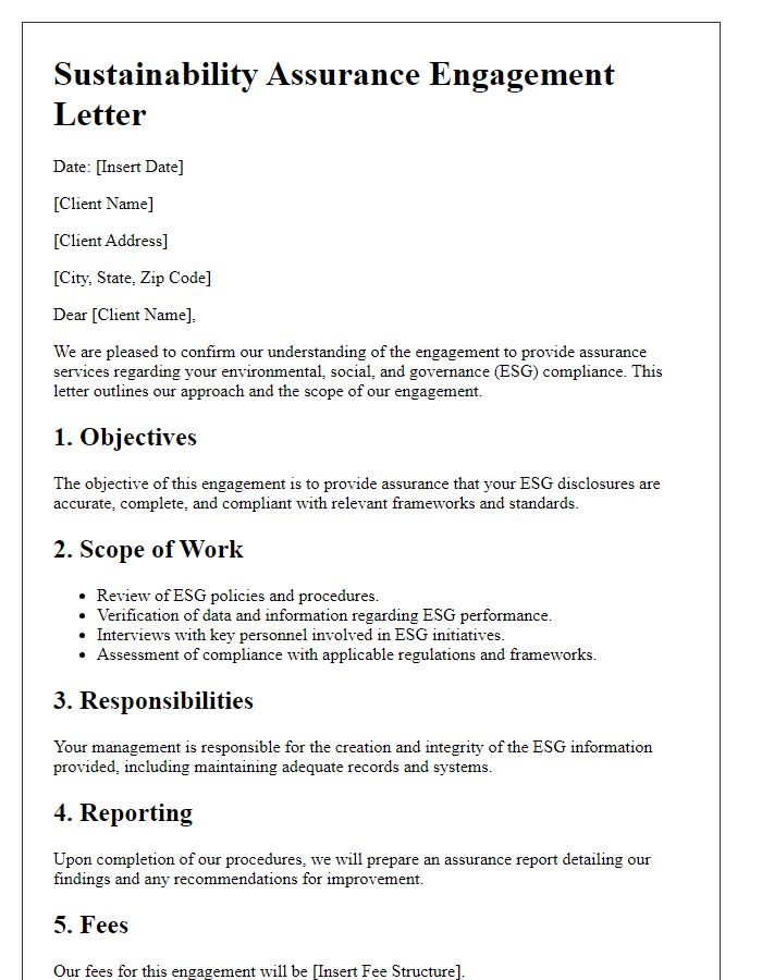 Letter template of sustainability assurance engagement for ESG (Environmental, Social, Governance) compliance