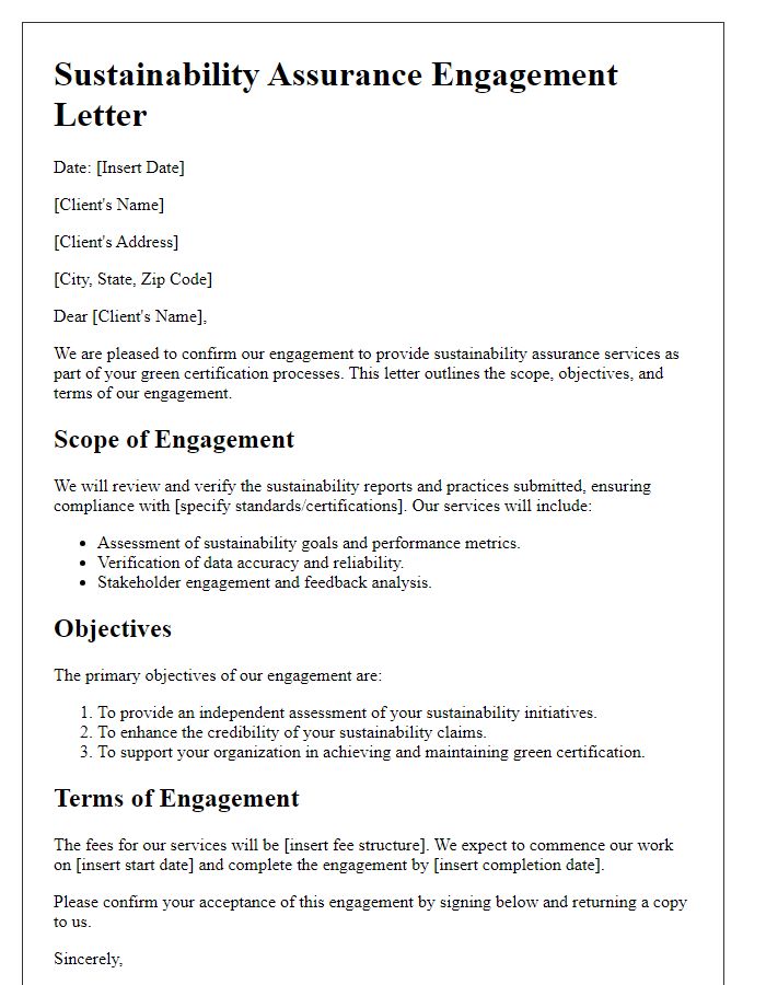 Letter template of sustainability assurance engagement for green certification processes