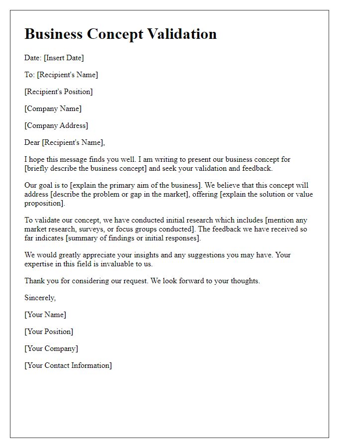 Letter template of business concept validation