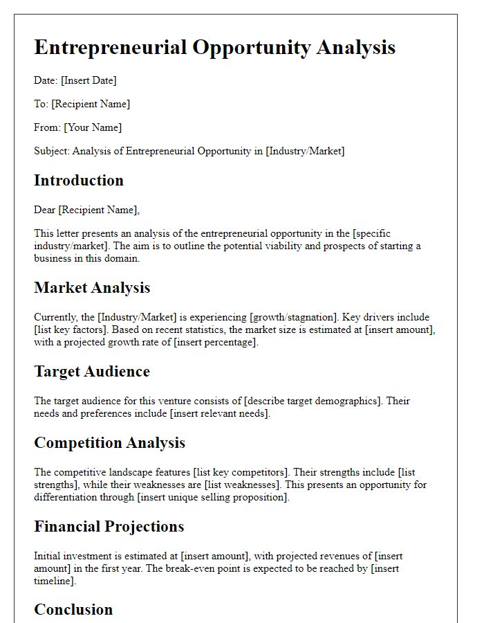 Letter template of entrepreneurial opportunity analysis