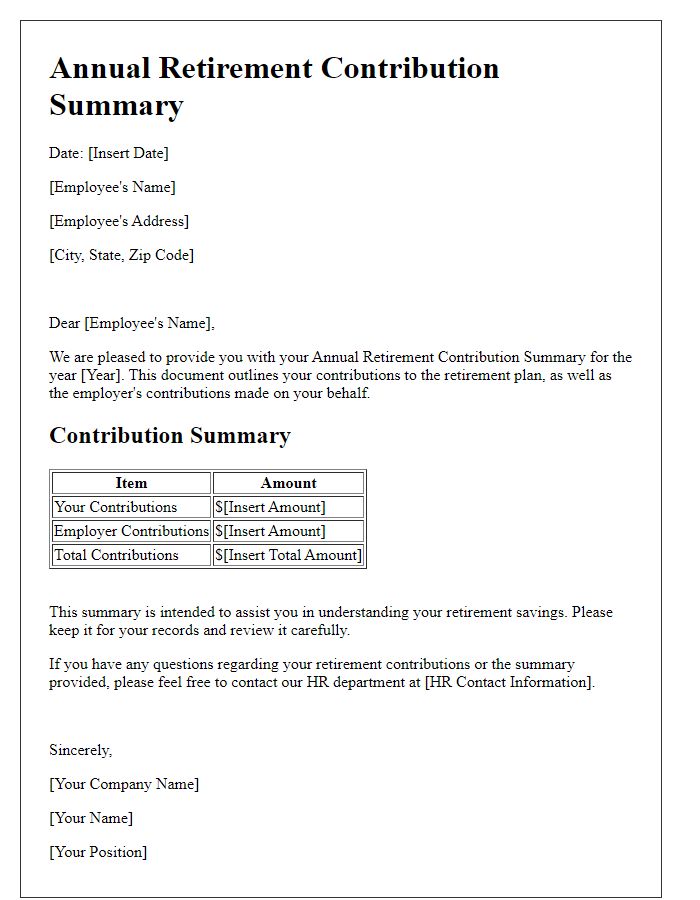 Letter template of annual retirement contribution summary